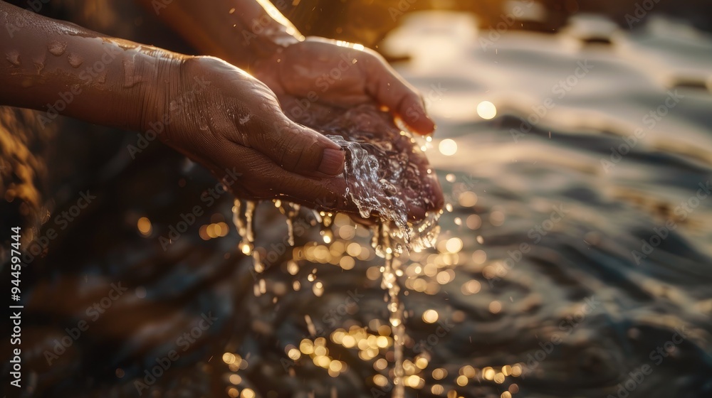 Hands submerged in water streaming from an old, corroded tap, with a focus on the details and a shallow depth of field. Hands submerged in water streaming from an old, corroded tap, with a focus on the details and a shallow depth of field.