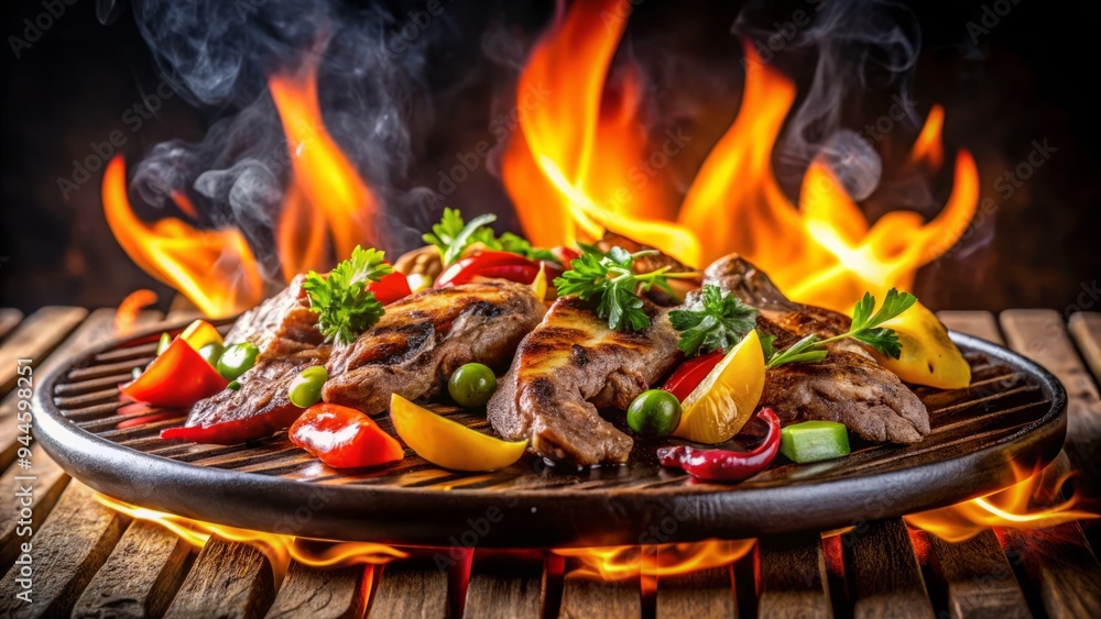 lamb fajitas, sizzling on a grill, with a burst of flames in the background lamb fajitas, sizzling on a grill, with a burst of flames in the background