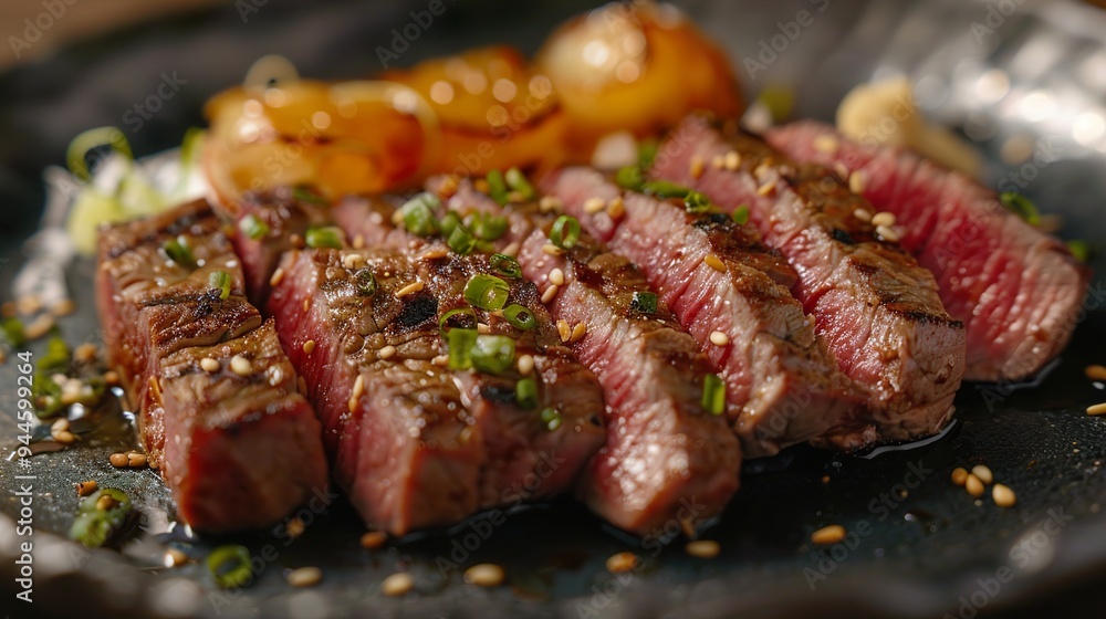 Close-up of Sliced Grilled Steak with Sesame Seeds Close-up of Sliced Grilled Steak with Sesame Seeds