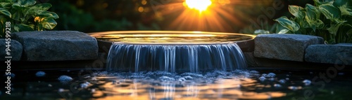 Solarpowered water features focus on garden pond, sparkling water, natural surroundings, Double exposure silhouette with flowing fountain