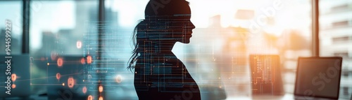 Business scalability through engineering focus on expanding operations, open workspace, soft tones, Double exposure silhouette with network diagram