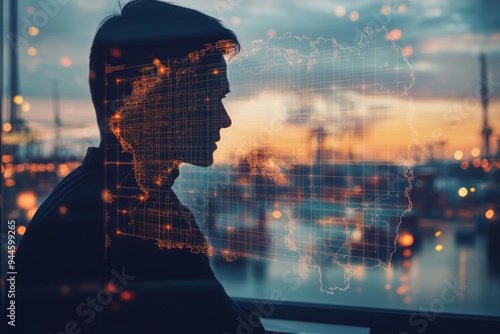 Engineering in supply chain management focus on logistics solutions, sleek design, soft lighting, Double exposure silhouette with supply chain map