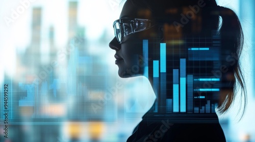 Business analytics in engineering close up, focus on datadriven decisions, clean design, cool tones, Double exposure silhouette with bar charts