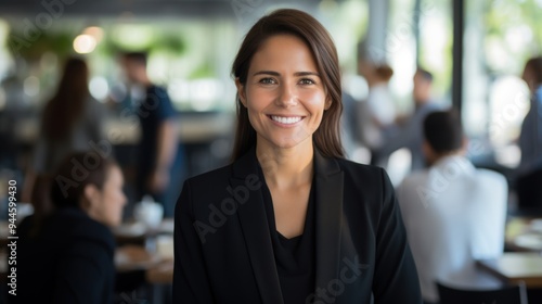 A smiling businesswoman wearing a black blazer stands confidently in a busy office environment, with people working in the background.