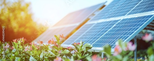Renewable energy in greenhouses close up, focus on solar panels, flourishing plants, soft hues, Double exposure silhouette with greenhouse structure