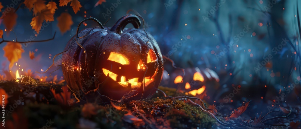 Glowing pumpkins in a misty forest during Halloween night Glowing pumpkins in a misty forest during Halloween night