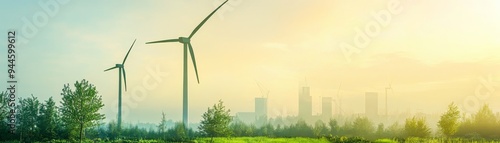 Wind turbines in community gardens focus on providing energy, natural landscape, cool tones, Double exposure silhouette with turbine blades