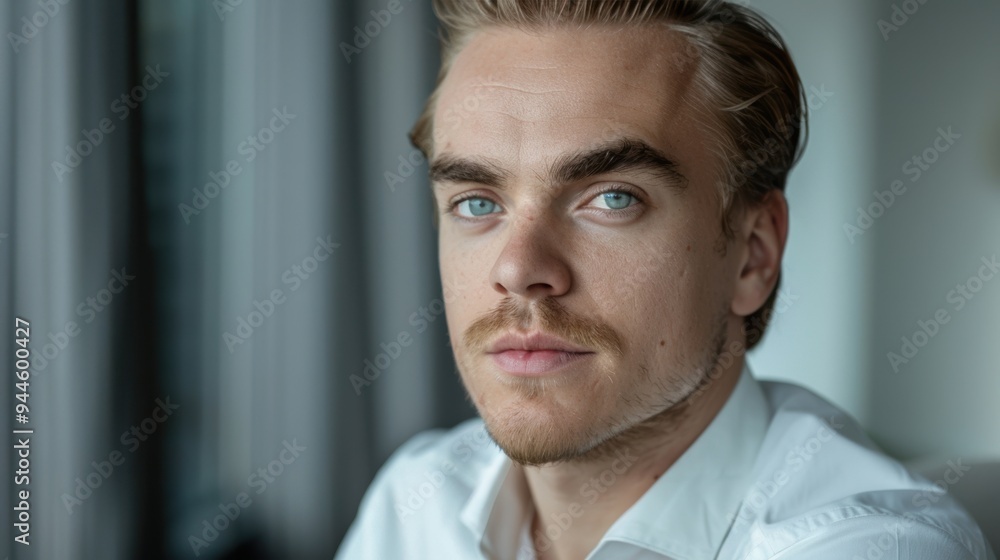 A portrait of a confident young man with striking blue eyes, wearing a white shirt, looking directly into the camera with a calm expression. A portrait of a confident young man with striking blue eyes, wearing a white shirt, looking directly into the camera with a calm expression.