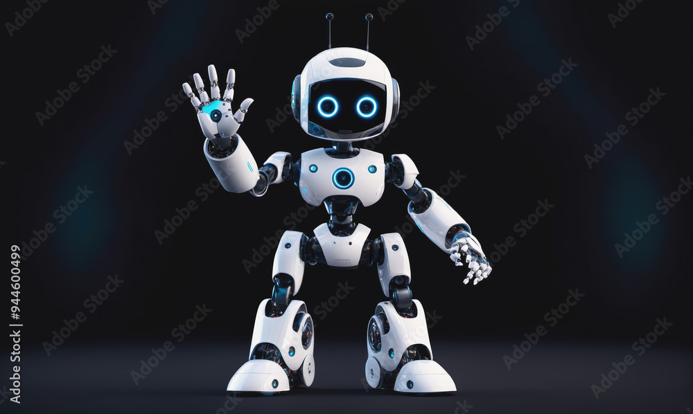 A white robot with blue lights waves hello against a black background A white robot with blue lights waves hello against a black background