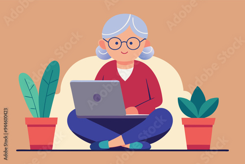 Cute grandma with laptop. Vector flat Illustration