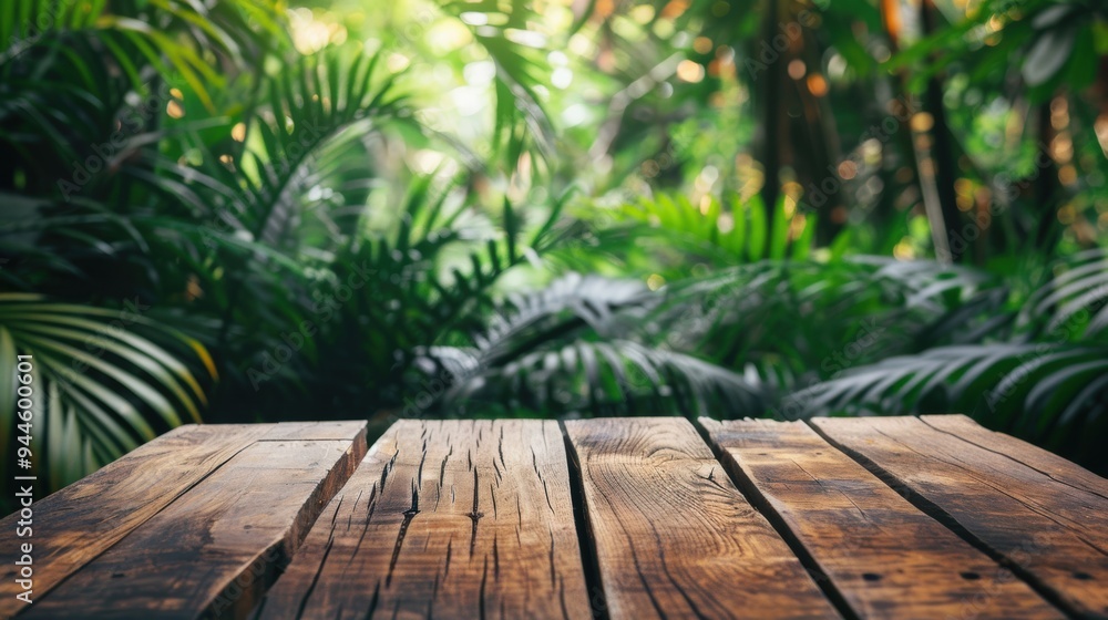 A rustic wooden table set in a lush tropical garden, surrounded by vibrant greenery and natural light, creating a peaceful outdoor scene. A rustic wooden table set in a lush tropical garden, surrounded by vibrant greenery and natural light, creating a peaceful outdoor scene.