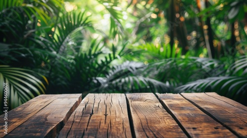 A rustic wooden table set in a lush tropical garden, surrounded by vibrant greenery and natural light, creating a peaceful outdoor scene.