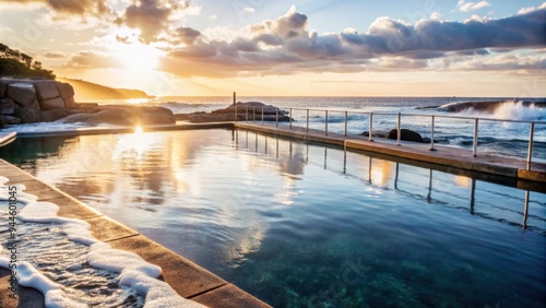 Wallpaper Mural Sunset glows over a tranquil poolside retreat, where golden rays dance on gentle waves along the coastline, creating a serene evening ambiance. Generative AI Torontodigital.ca