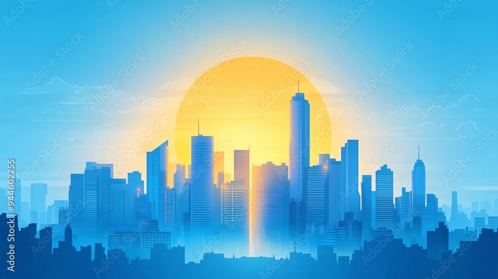 Vibrant city skyline silhouette with a bright sun rising in the background. Vibrant city skyline silhouette with a bright sun rising in the background.