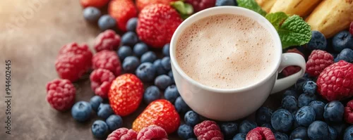 Panel kuchenny z motywem Start Your Day with a Delicious and Refreshing Artisan Breakfast Drink Crafted Beverage for a Healthy Morning Enjoy a Smooth and Creamy Latte with Fresh Berries and Banana Perfect for a Quick and