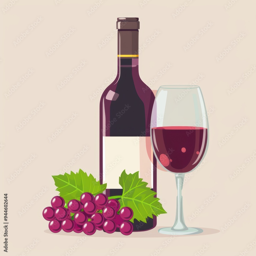Vector illustration of grape, grape, wine bottle and glass Vector illustration of grape, grape, wine bottle and glass