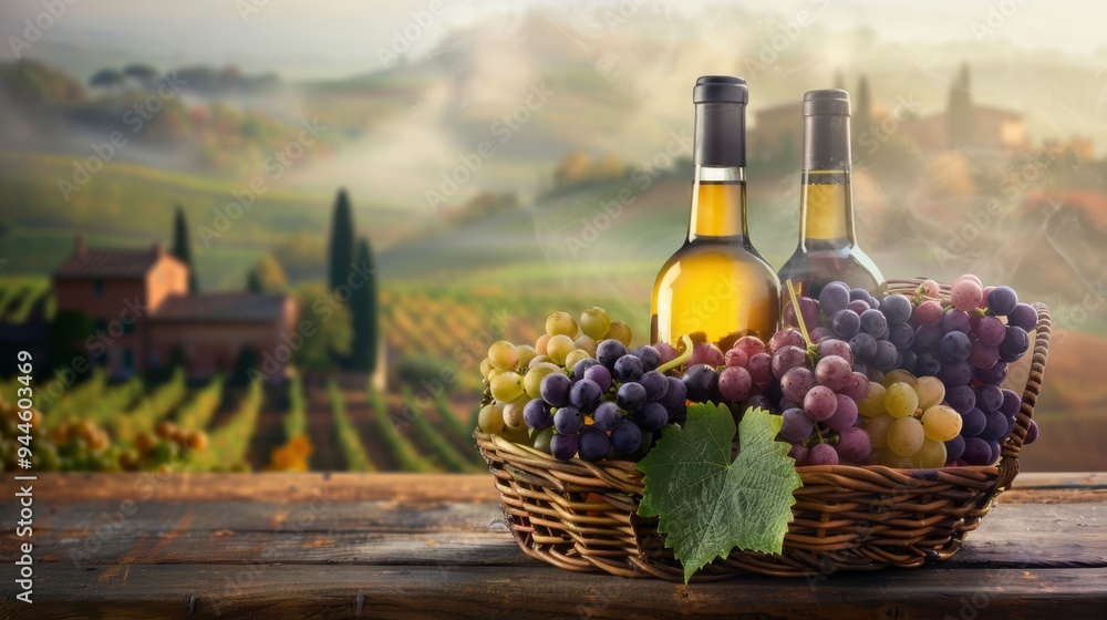 Fototapeta premium Wine glass grape with background of grape plantation winery