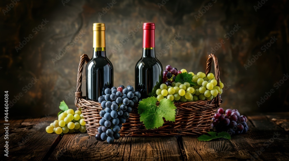 Fototapeta premium Fresh grape, grape wine bottle over texture background