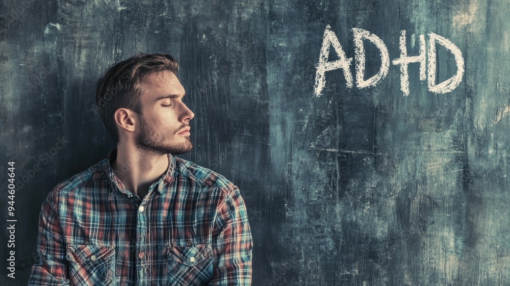 Young white man with ADHD in plaid shirt standing by grungy wall Young white man with ADHD in plaid shirt standing by grungy wall