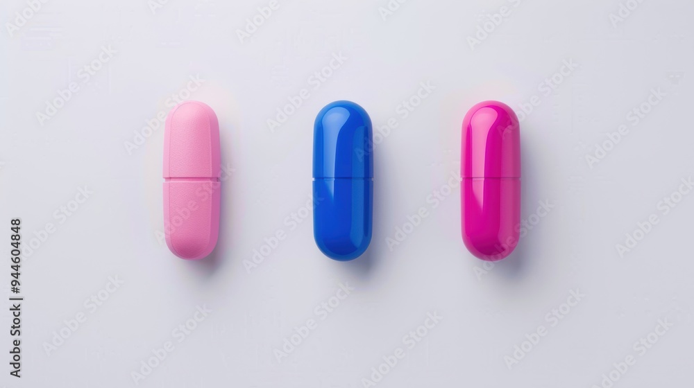 A minimalist arrangement of three capsules in pink, blue, and magenta placed on a clean white background. A minimalist arrangement of three capsules in pink, blue, and magenta placed on a clean white background.