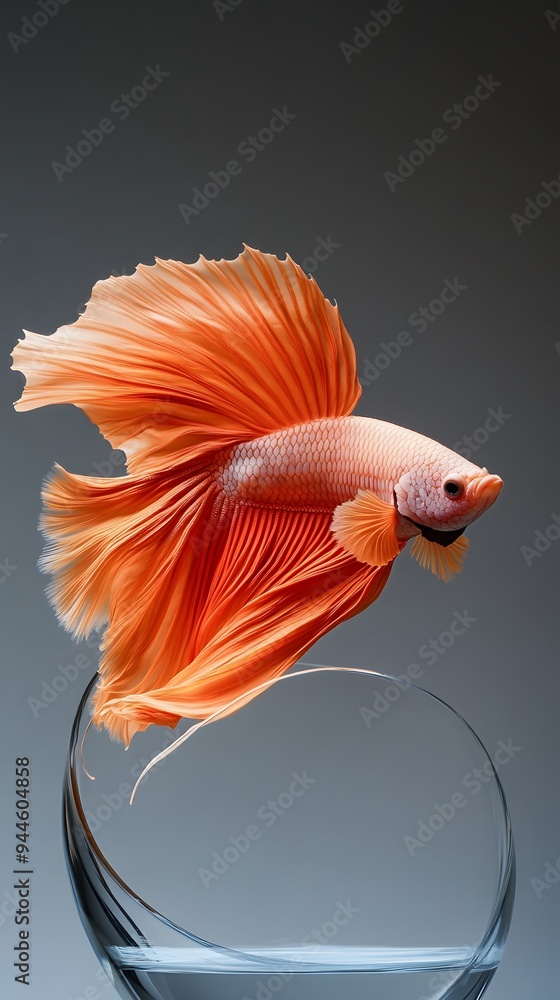 Orange Betta Fish with Flowing Fins Over a Glass Bowl Orange Betta Fish with Flowing Fins Over a Glass Bowl
