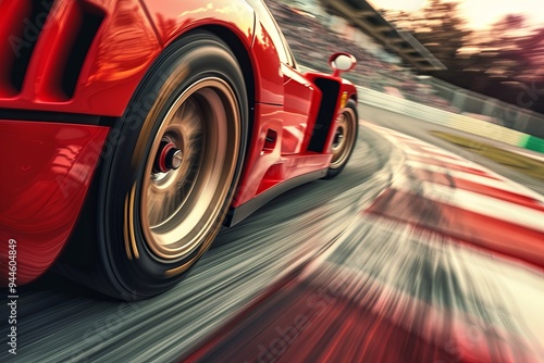 A powerful red supercar races through a winding track, with blurred surroundings highlighting its incredible speed at dusk. Generative AI