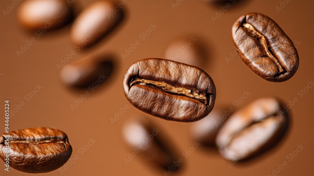 Fototapeta premium Suspended coffee beans macro shot