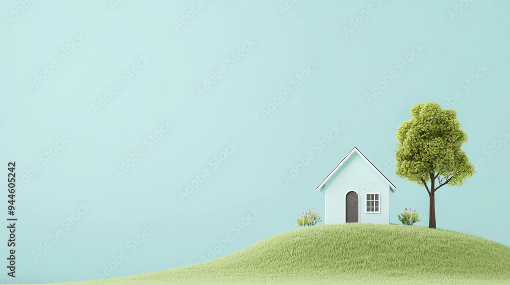 Fototapeta premium A serene landscape featuring a charming house on a gentle hill, surrounded by a lush tree under a clear blue sky.