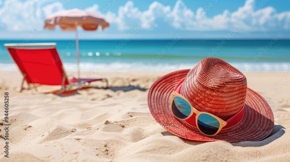 A red sun hat and sunglasses lie on the sand, with a blurred beach chair and umbrella in the background. A red sun hat and sunglasses lie on the sand, with a blurred beach chair and umbrella in the background.