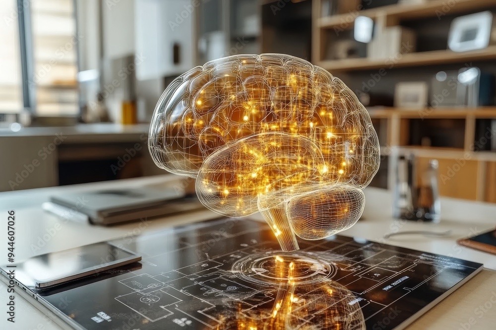 Glowing brain on a futuristic computer chip representing the fusion of technology intellect and the cutting edge advancements in artificial intelligence and digital thought Glowing brain on a futuristic computer chip representing the fusion of technology intellect and the cutting edge advancements in artificial intelligence and digital thought