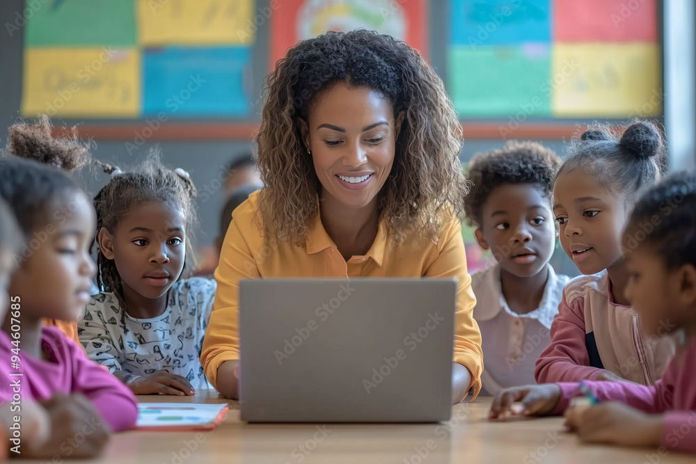 Teacher Using Laptop With Students In Classroom Teacher Using Laptop With Students In Classroom