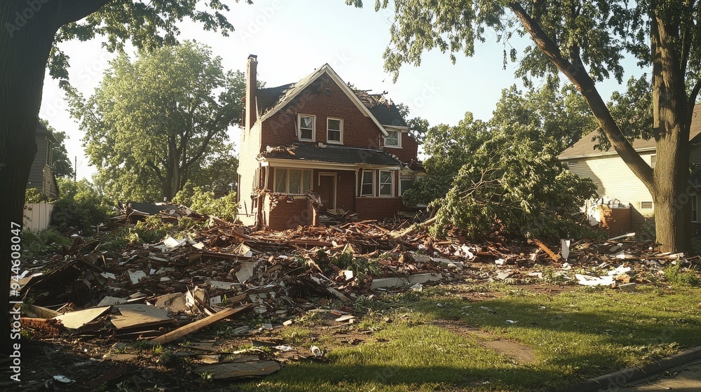 Obraz premium A residential house severely damaged, large trees crushed against the roof, the yard filled with debris, and a strong sense of devastation