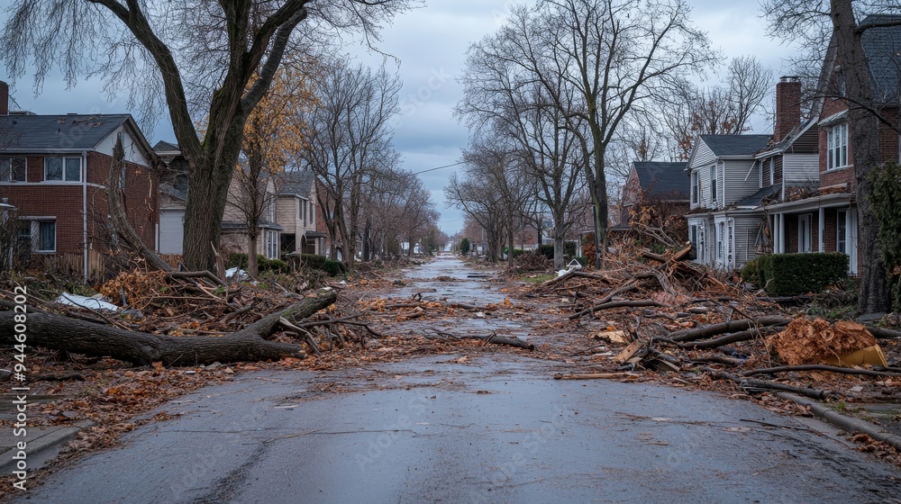 A residential street covered in fallen trees after a storm, houses barely visible behind branches and debris, a scene of quiet chaos with overcast skies A residential street covered in fallen trees after a storm, houses barely visible behind branches and debris, a scene of quiet chaos with overcast skies