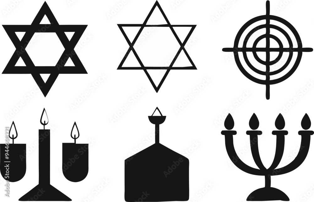 Hanukkah Logo Icon Set 6 Minimalist Silhouettes of Menorah, Dreidel, and Star of David for Holiday Decorations and Educational Materials Hanukkah Logo Icon Set 6 Minimalist Silhouettes of Menorah, Dreidel, and Star of David for Holiday Decorations and Educational Materials