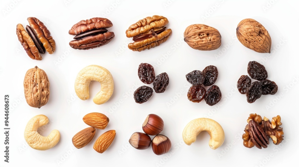 Obraz premium Raisin grain and a variety of nuts closeup view