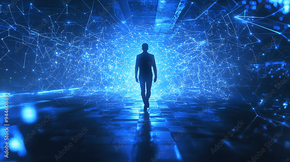 Futuristic Silhouette Walking Through a Digital Universe Futuristic Silhouette Walking Through a Digital Universe
