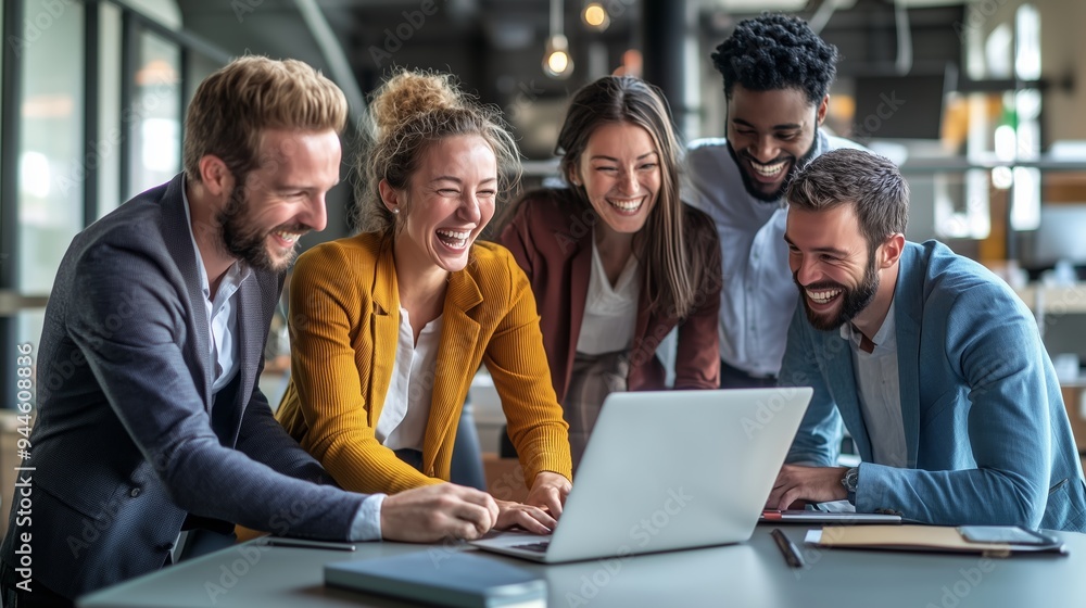 A diverse team collaborates enthusiastically around a laptop in a modern office environment during the workday A diverse team collaborates enthusiastically around a laptop in a modern office environment during the workday