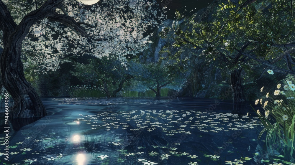 Naklejka premium Enchanting Moonlit Forest Lake.