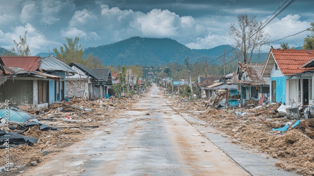 A serene town transformed into a disaster zone, houses crumbled, power lines down, trees uprooted, and the remnants of peace buried under destruction A serene town transformed into a disaster zone, houses crumbled, power lines down, trees uprooted, and the remnants of peace buried under destruction