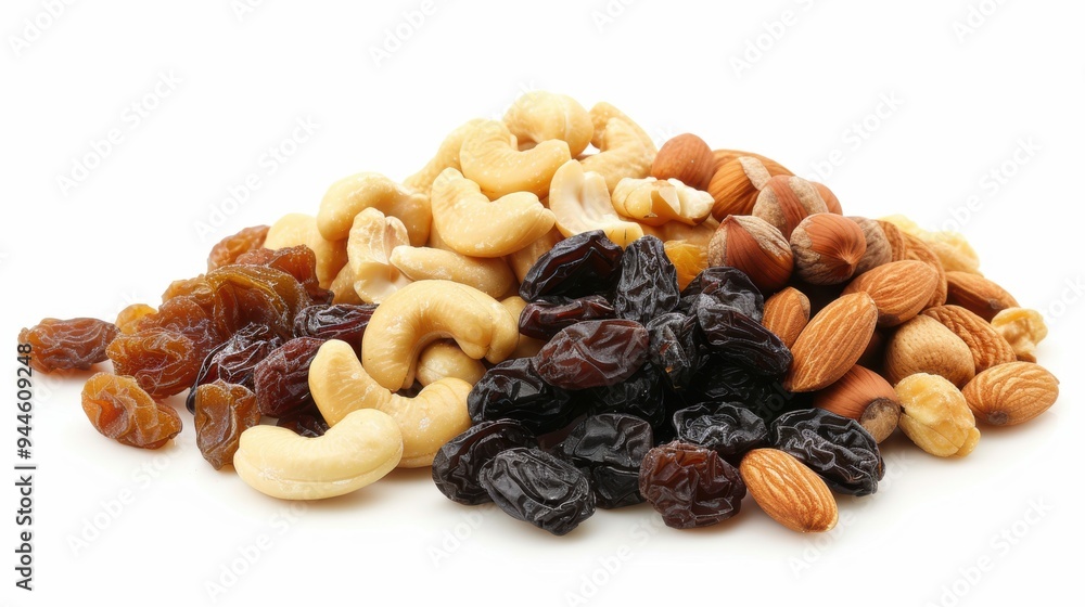 Obraz premium Raisin grain with nuts closeup view