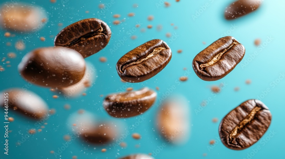 Coffee beans levitating over blue backdrop Coffee beans levitating over blue backdrop