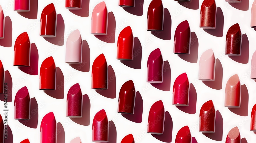 Rows of Red Lipsticks Casting Shadows on White Background Rows of Red Lipsticks Casting Shadows on White Background