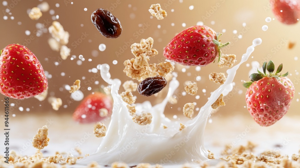 Breakfast cereal with raisin and milk splash Breakfast cereal with raisin and milk splash