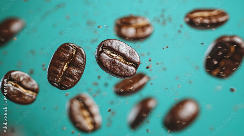 Coffee beans levitating over blue backdrop Coffee beans levitating over blue backdrop