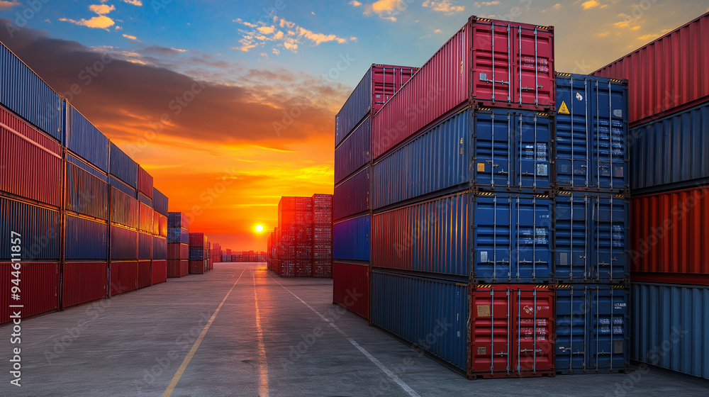Fototapeta premium Industrial container cargo freight ship at sunset in port terminal