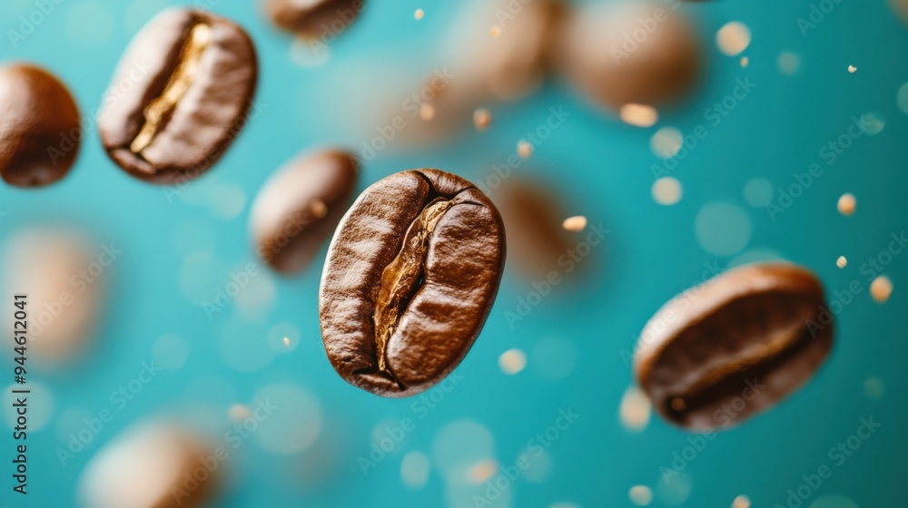 Coffee beans levitating over blue backdrop Coffee beans levitating over blue backdrop