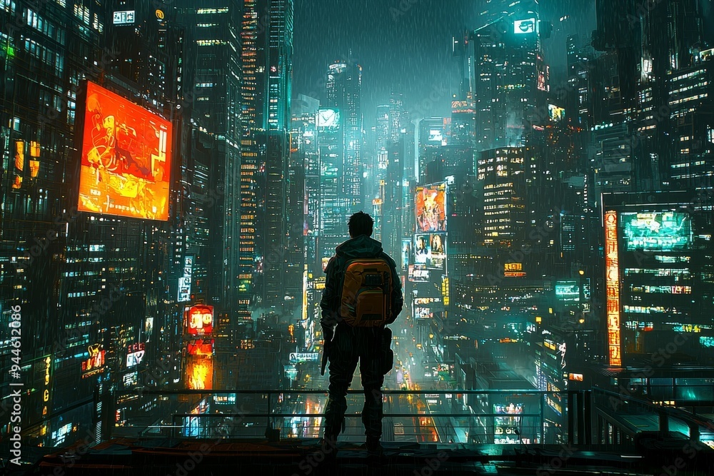 Anime-inspired character, futuristic cityscape, cyberpunk aesthetics, neon lights, towering skyscrapers, augmented reality, virtual reality, action-packed scene, realistic details, urban warfare Anime-inspired character, futuristic cityscape, cyberpunk aesthetics, neon lights, towering skyscrapers, augmented reality, virtual reality, action-packed scene, realistic details, urban warfare