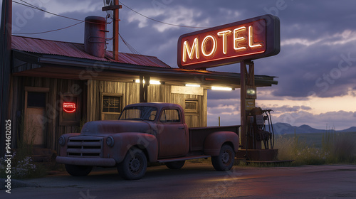 Old rusty pickup truck parked outside a neon motel at dusk