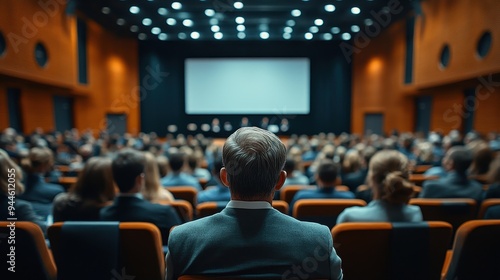 A formal business event in a spacious conference hall, viewed from the back of the audience