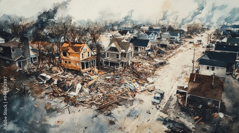Bird's-eye view of a storm-ravaged town, debris from homes and broken trees litter the ground, a somber tone with heavy shadows, Watercolor, Cool-toned palette. Bird's-eye view of a storm-ravaged town, debris from homes and broken trees litter the ground, a somber tone with heavy shadows, Watercolor, Cool-toned palette.